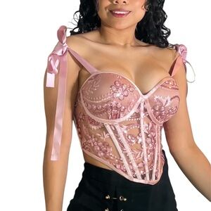 “Dusty Pink Embroidered Satin-Trim Bustier Top – Size M (32/34)”